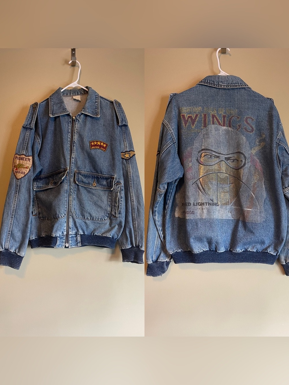Insane 1980’s WINGS Vintage Cotton Denim Hollywood Era Aviator Bomber Jacket